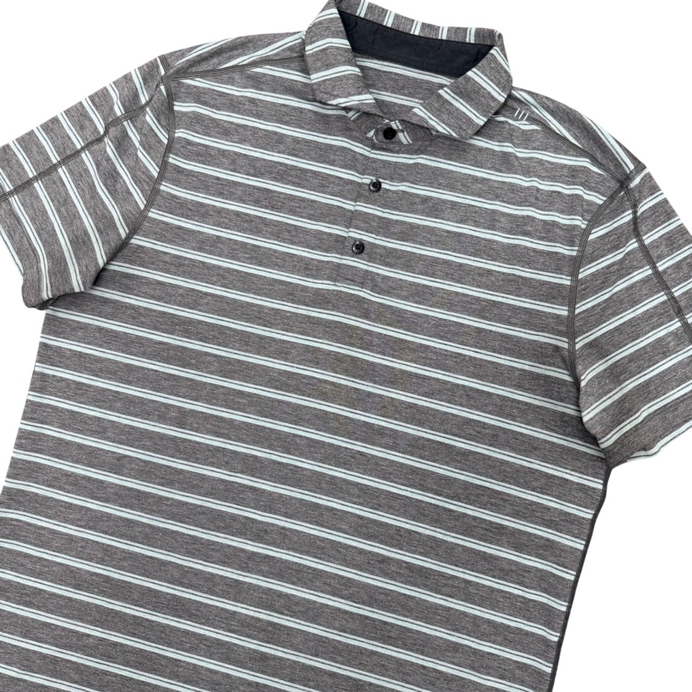 Lululemon Propel Polo Mens L Grey Blue Striped Short Sleeve Golf Athletic Shirt
